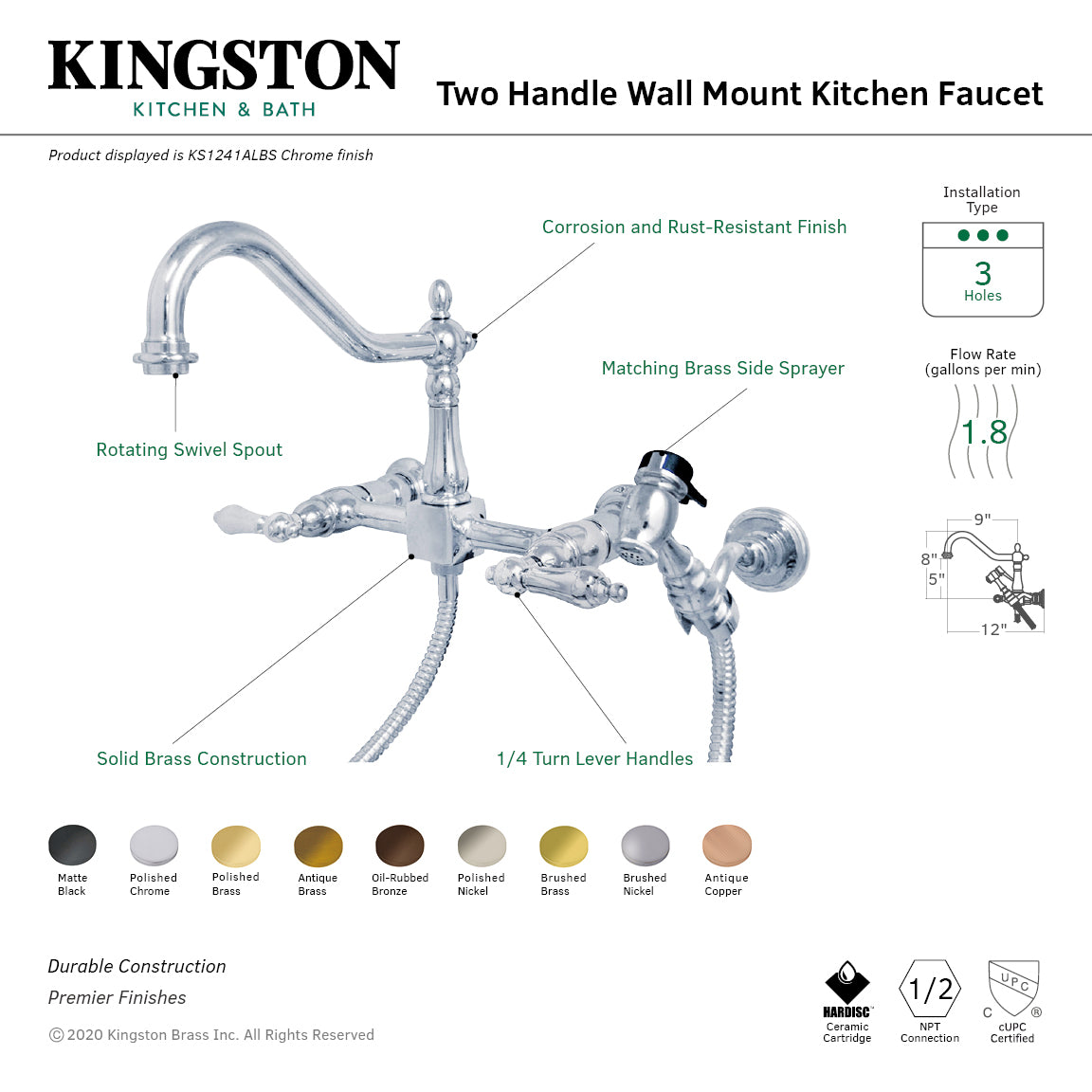 Kingston Heirloom KS1241ALBS - Heritage Two-Handle 3-Hole Wall Mount Bridge Kitchen Faucet with Brass Sprayer, Polished Chrome — thumbnail 2